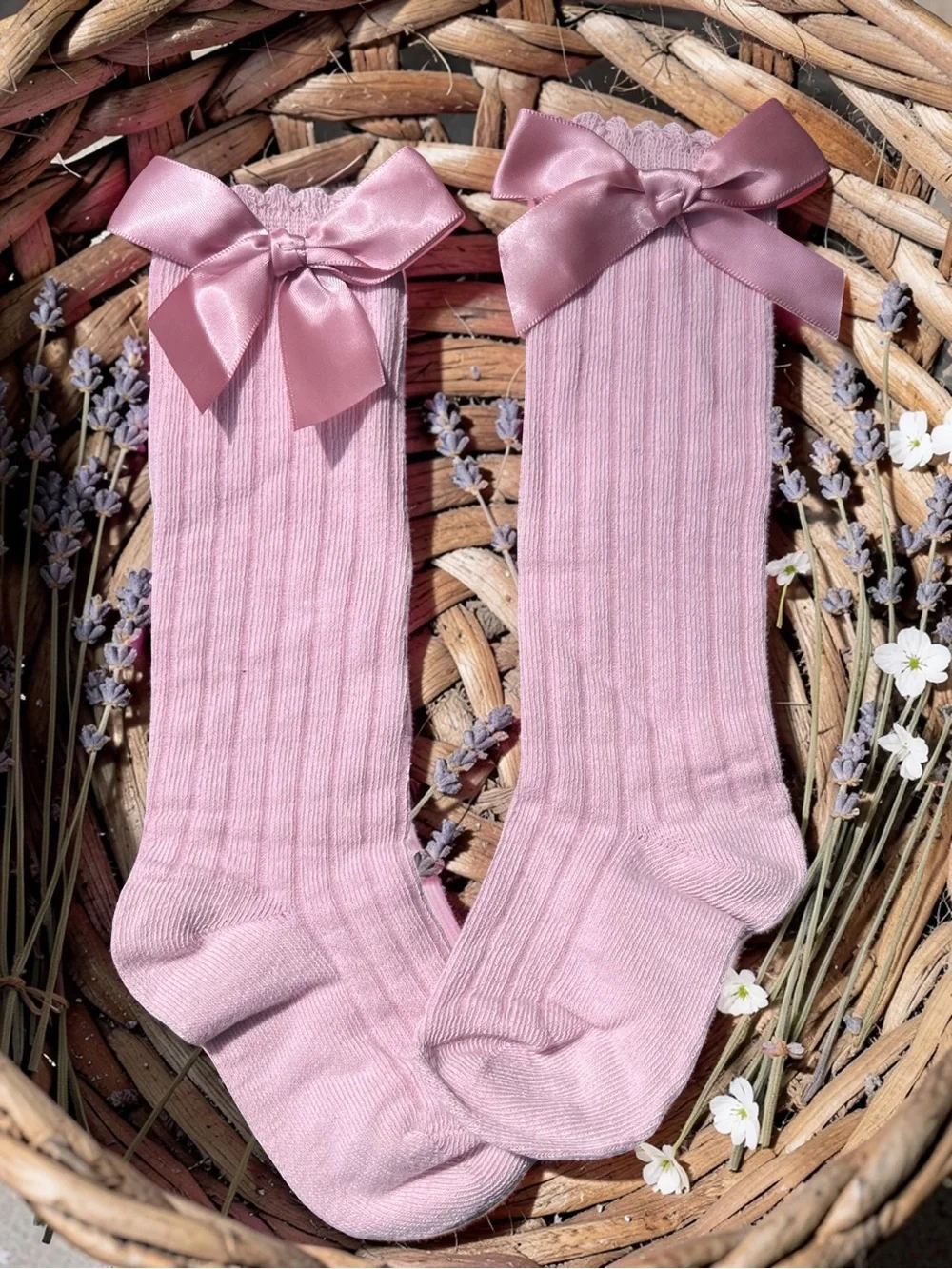 Pink Ribbed Bow Knee-High Socks For Toddlers